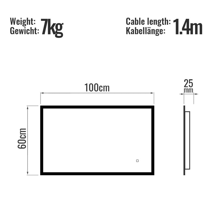 Aquamarine® LED badeværelsesspejl - 100x60 cm, dugfrit, dæmpbart med touch