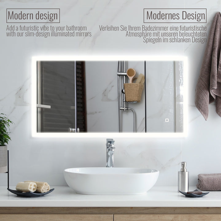Aquamarine® LED badeværelsesspejl - 120x60 cm, dugfrit, dæmpbart med LED touch funktion