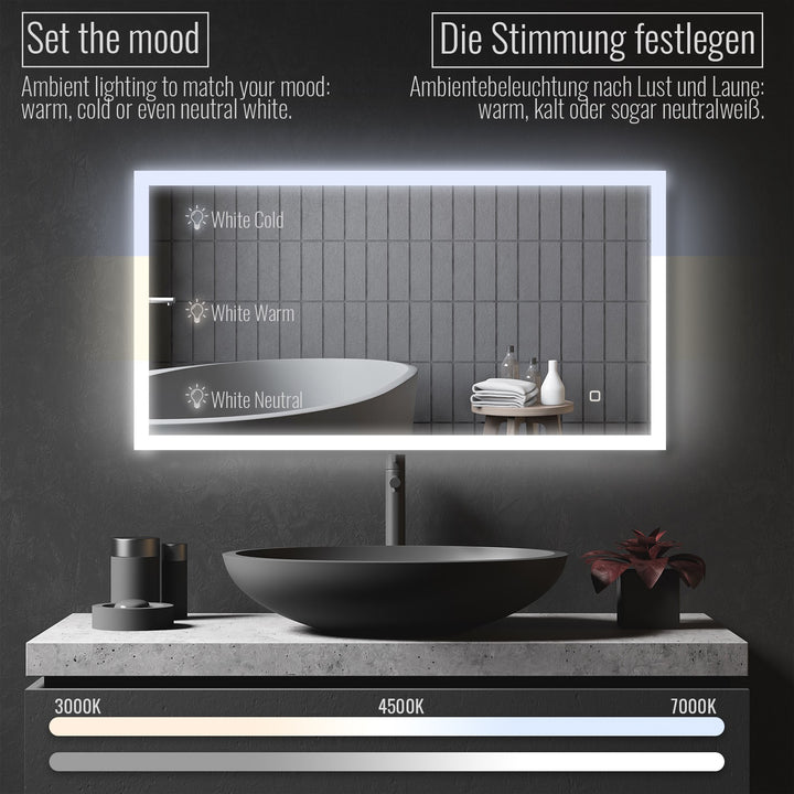 Aquamarine® LED badeværelsesspejl - 120x60 cm, dugfrit, dæmpbart med LED touch funktion