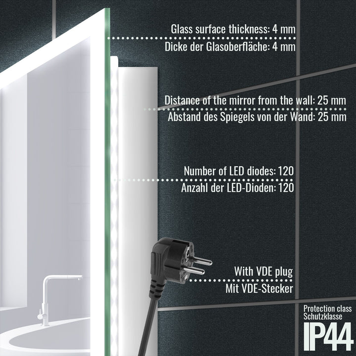 Aquamarine® LED badeværelsesspejl - 120x60 cm, dugfrit, dæmpbart med LED touch funktion