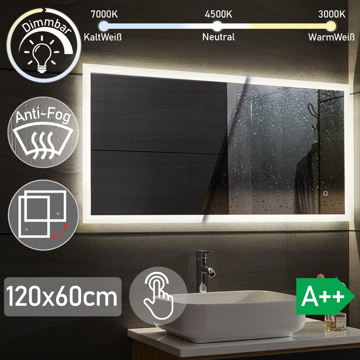 Aquamarine® LED badeværelsesspejl - 120x60 cm, dugfrit, dæmpbart med LED touch funktion