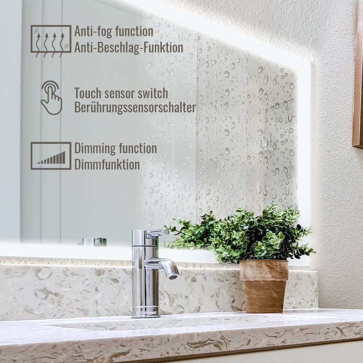 Aquamarine® LED badeværelsesspejl - 120x60 cm, dugfrit, dæmpbart med LED touch funktion