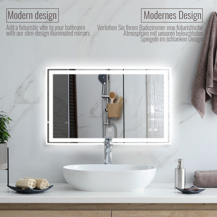 Aquamarine® LED badeværelsesspejl - 100x60 cm, dugfrit, dæmpbart, med digitalt ur/dato, touch funktion