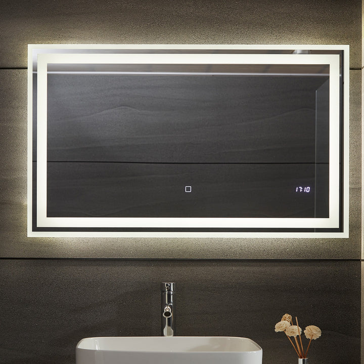 Aquamarine® LED badeværelsesspejl - 100x60 cm, dugfrit, dæmpbart, med digitalt ur/dato, touch funktion