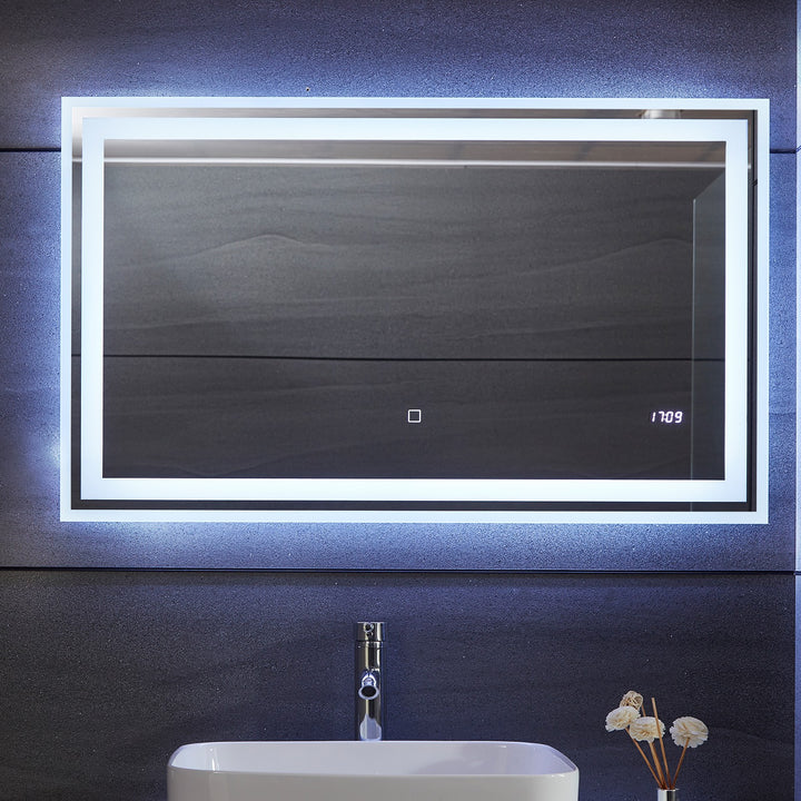Aquamarine® LED badeværelsesspejl - 100x60 cm, dugfrit, dæmpbart, med digitalt ur/dato, touch funktion