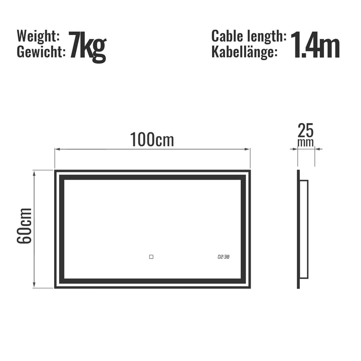 Aquamarine® LED badeværelsesspejl - 100x60 cm, dugfrit, dæmpbart, med digitalt ur/dato, touch funktion