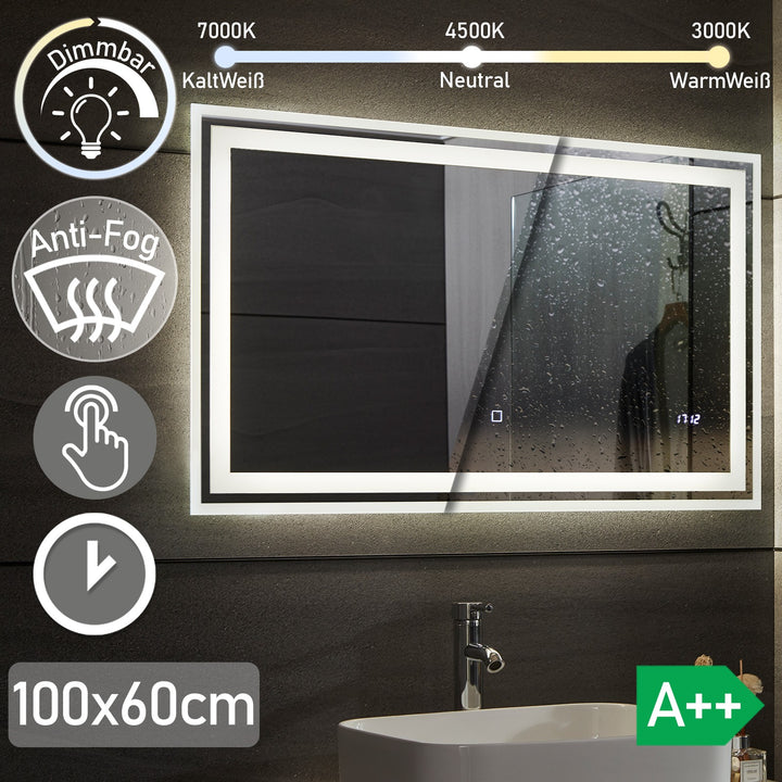 Aquamarine® LED badeværelsesspejl - 100x60 cm, dugfrit, dæmpbart, med digitalt ur/dato, touch funktion