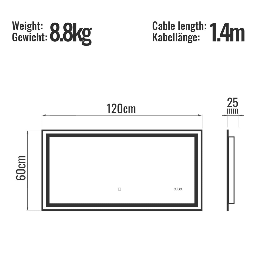 Aquamarine® LED badeværelsesspejl - 120x60 cm, dugfrit, dæmpbart, energibesparende, digitalt ur og dato