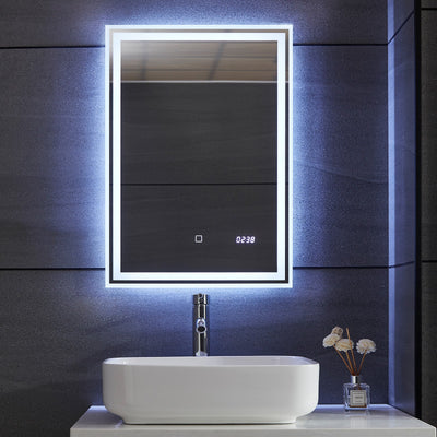 Aquamarine® LED badeværelsesspejl - 50x70 cm, dugfrit, dæmpbart med touch, digitalt ur