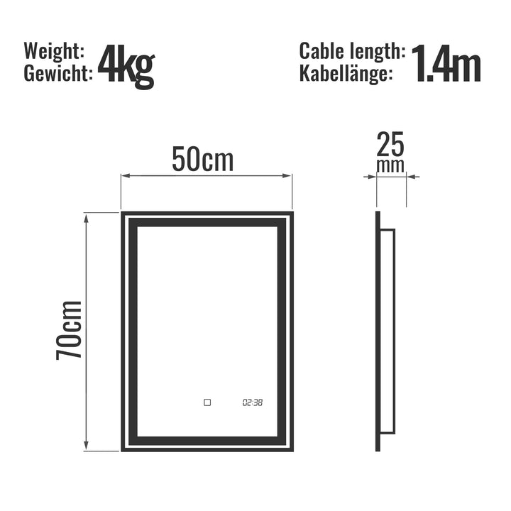 Aquamarine® LED badeværelsesspejl - 50x70 cm, dugfrit, dæmpbart med touch, digitalt ur