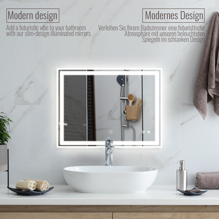 Aquamarine® LED badeværelsesspejl, 80x60 cm, dugfrit, dæmpbart, med digitalt ur/dato, makeupspejl med led
