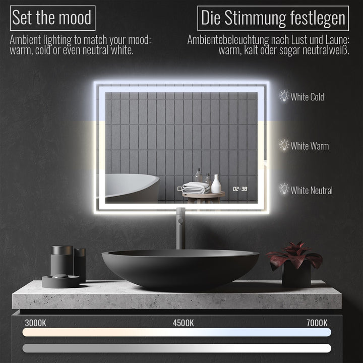 Aquamarine® LED badeværelsesspejl, 80x60 cm, dugfrit, dæmpbart, med digitalt ur/dato, makeupspejl med led