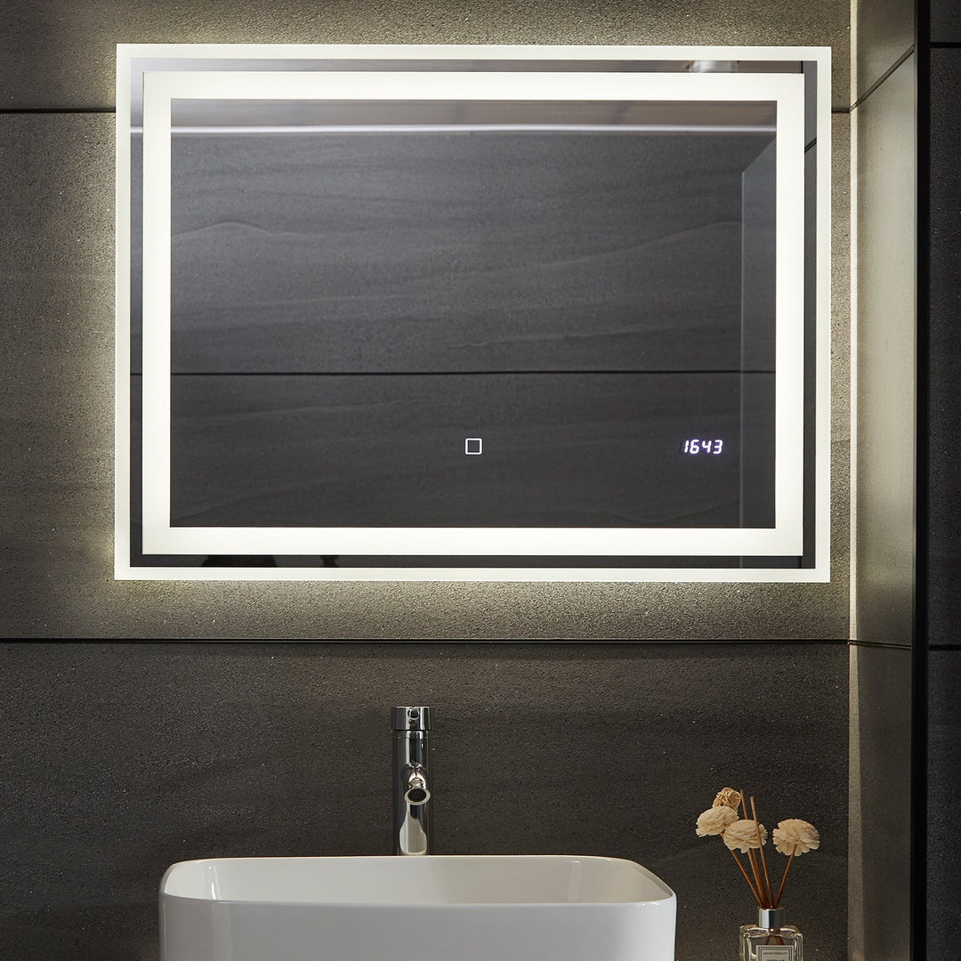 Aquamarine® LED badeværelsesspejl, 80x60 cm, dugfrit, dæmpbart, med digitalt ur/dato, makeupspejl med led