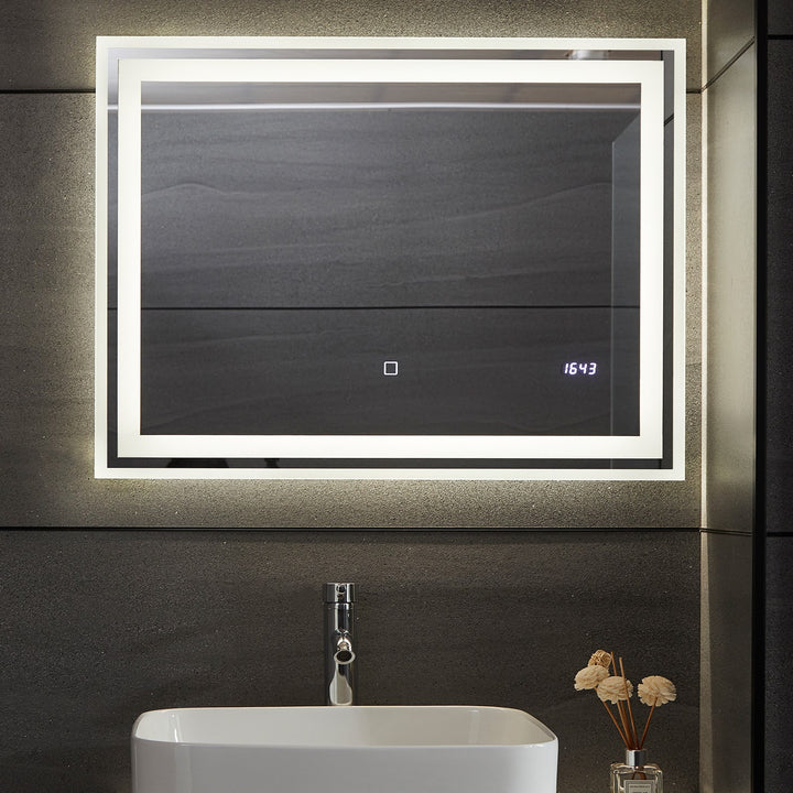 Aquamarine® LED badeværelsesspejl, 80x60 cm, dugfrit, dæmpbart, med digitalt ur/dato, makeupspejl med led