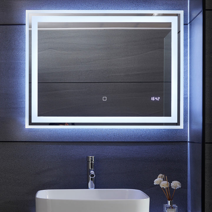 Aquamarine® LED badeværelsesspejl, 80x60 cm, dugfrit, dæmpbart, med digitalt ur/dato, makeupspejl med led