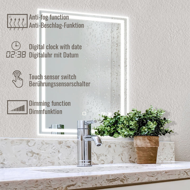 Aquamarine® LED badeværelsesspejl, 80x60 cm, dugfrit, dæmpbart, med digitalt ur/dato, makeupspejl med led