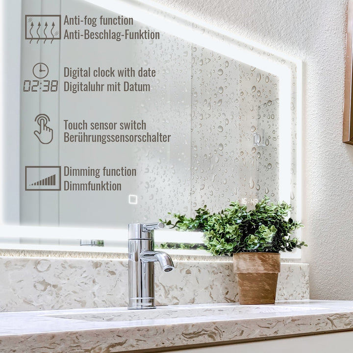 Aquamarine® LED badeværelsesspejl - 100x60 cm, dugfrit, dæmpbart, med digitalt ur/dato, touch funktion
