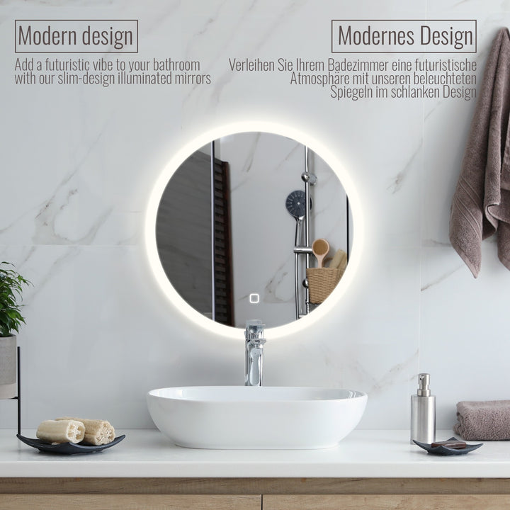 Aquamarine® LED badeværelsesspejl - 60 cm, rundt, dugfrit, dæmpbart, med touch