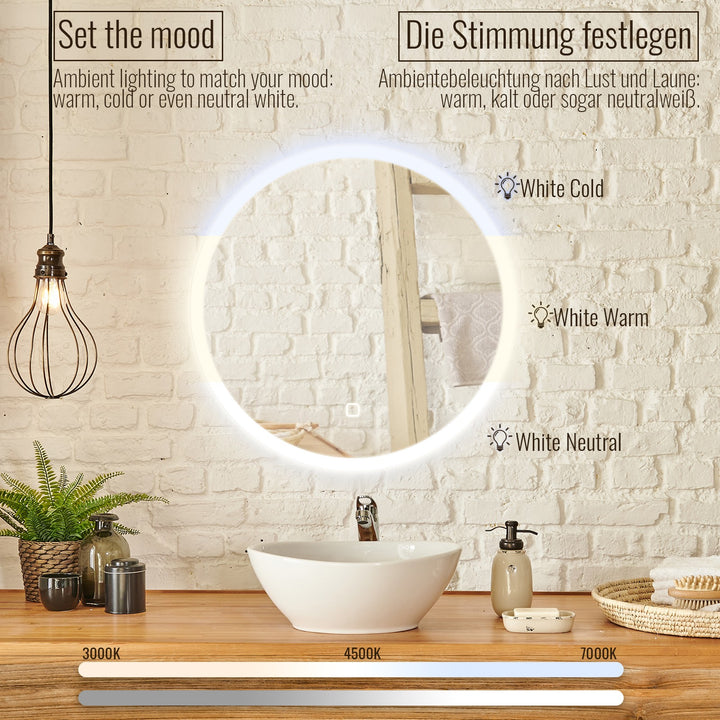 Aquamarine® LED badeværelsesspejl - 60 cm, rundt, dugfrit, dæmpbart, med touch