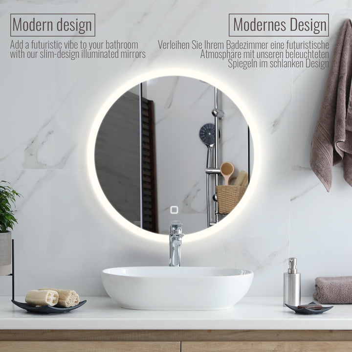 Aquamarine® LED badeværelsesspejl - 80 cm, rundt, dugfrit, dæmpbart, makeupspejl med touch