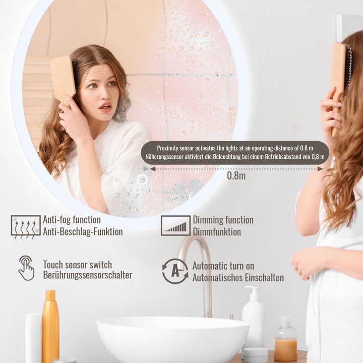 Aquamarine® LED badeværelsesspejl - 80 cm, rundt, dugfrit, dæmpbart, makeupspejl med touch