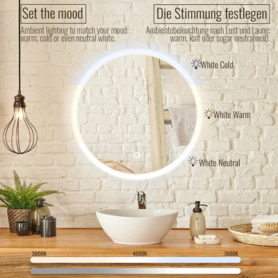 Aquamarine® LED badeværelsesspejl - 80 cm, rundt, dugfrit, dæmpbart, makeupspejl med touch