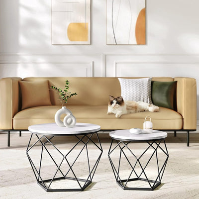 Runde sofaborde, sæt med 2 sideborde, moderne stil, hvid og sort