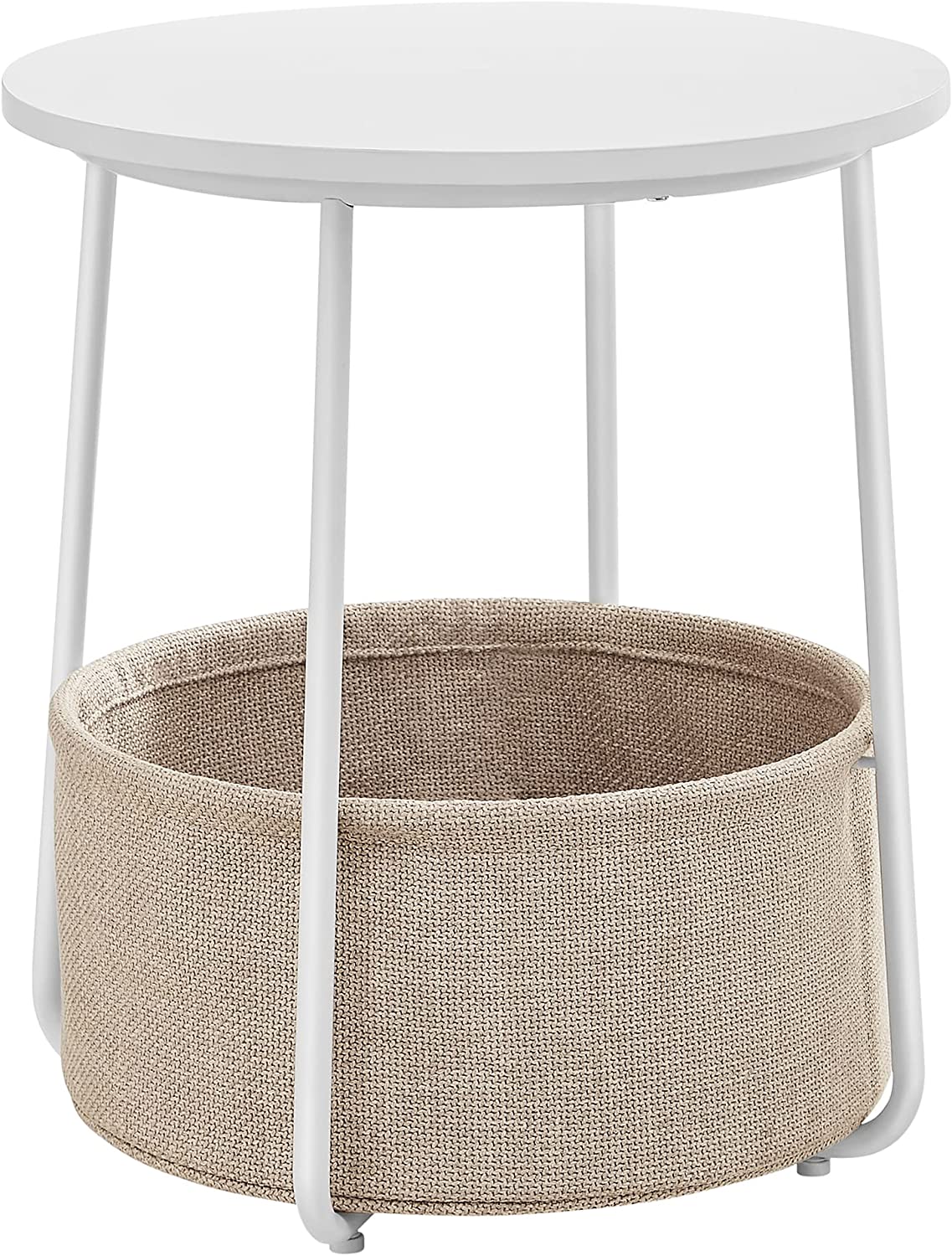 Rundt sidebord med stofkurv, Ø45 x H50 cm, hvid og beige