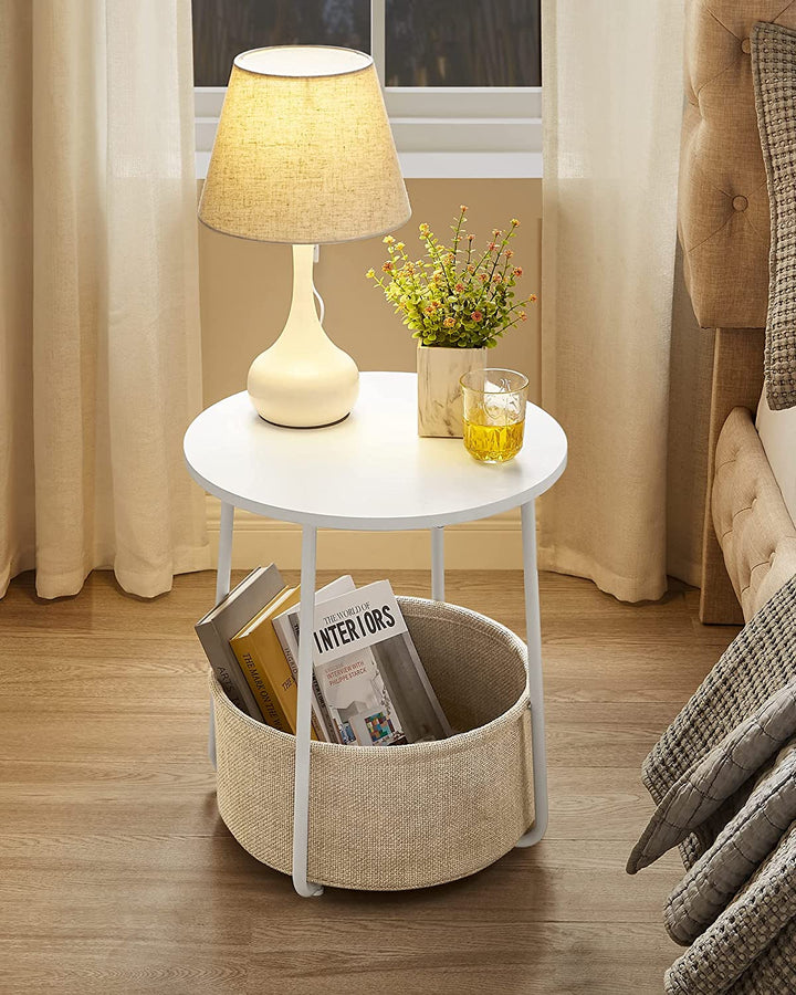 Rundt sidebord med stofkurv, Ø45 x H50 cm, hvid og beige