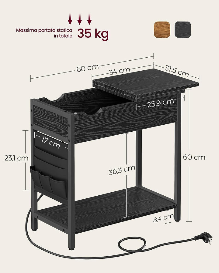 Sengebord med strømstik og USB porte, 60 x 31,5 x 60 cm, sort