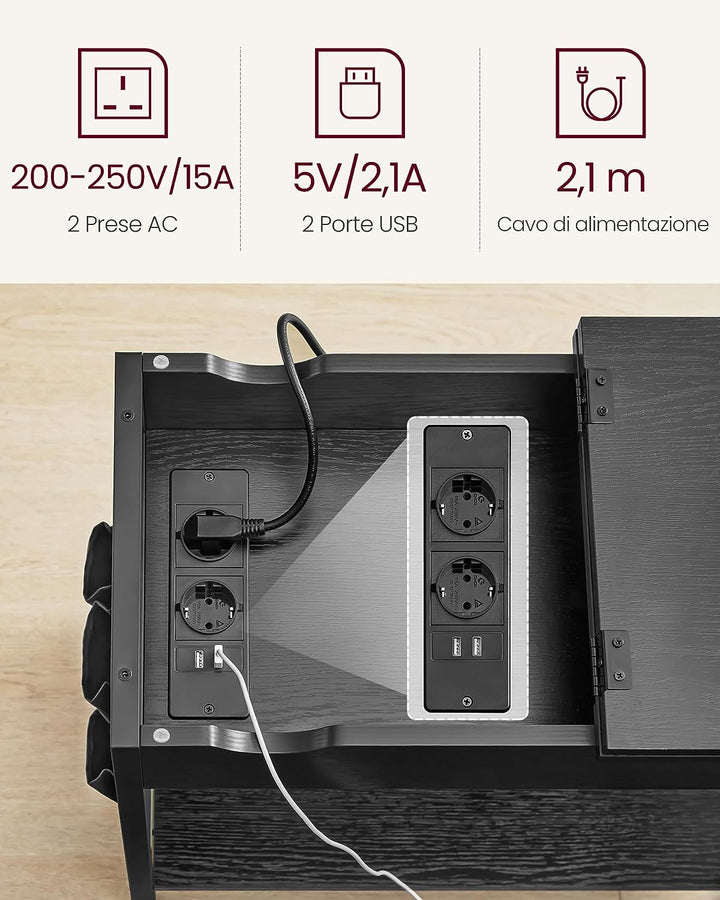 Sengebord med strømstik og USB porte, 60 x 31,5 x 60 cm, sort