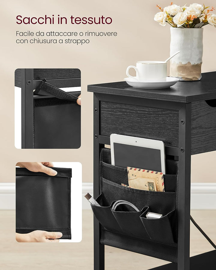Sengebord med strømstik og USB porte, 60 x 31,5 x 60 cm, sort