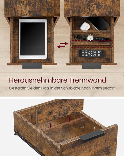 Sengebord med stikdåse, 2 skuffer, D60 x B35 x H61, vintage brun/sort