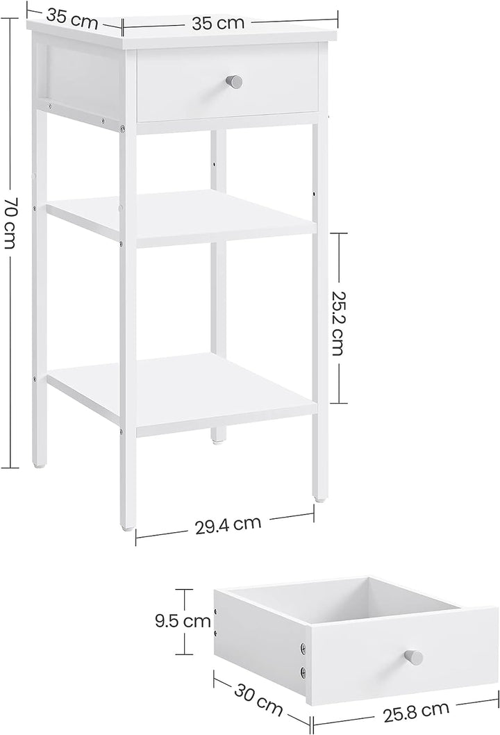 Natbord med skuffe og 2 hylder, høj model, D35 x B35 x H70 cm, rustik hvid