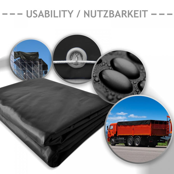 Presenning - 650 g/m², vandtæt og rivefast, aluminiumsøjer, sort, 2 x 3 m, belagt på begge sider