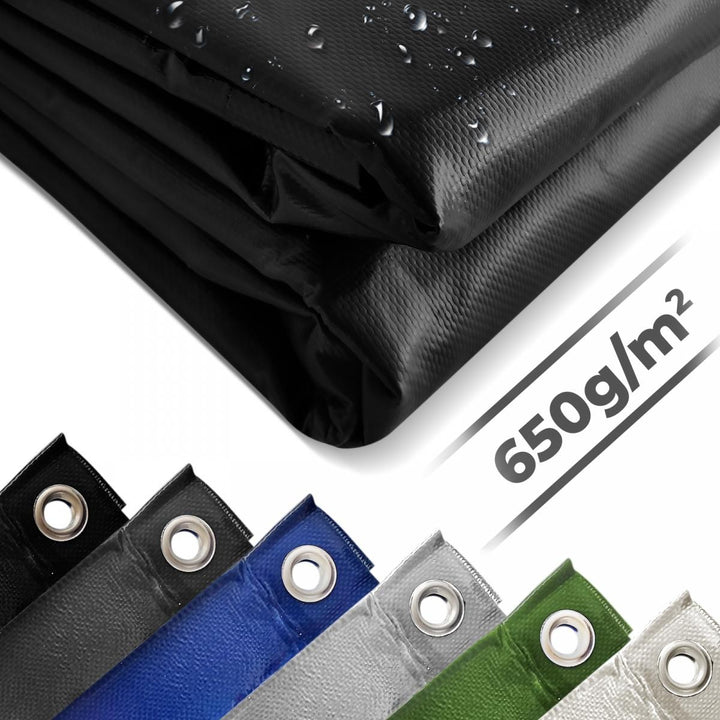 Presenning - 650 g/m², vandtæt og rivefast, aluminiumsøjer, sort, 2 x 3 m, belagt på begge sider
