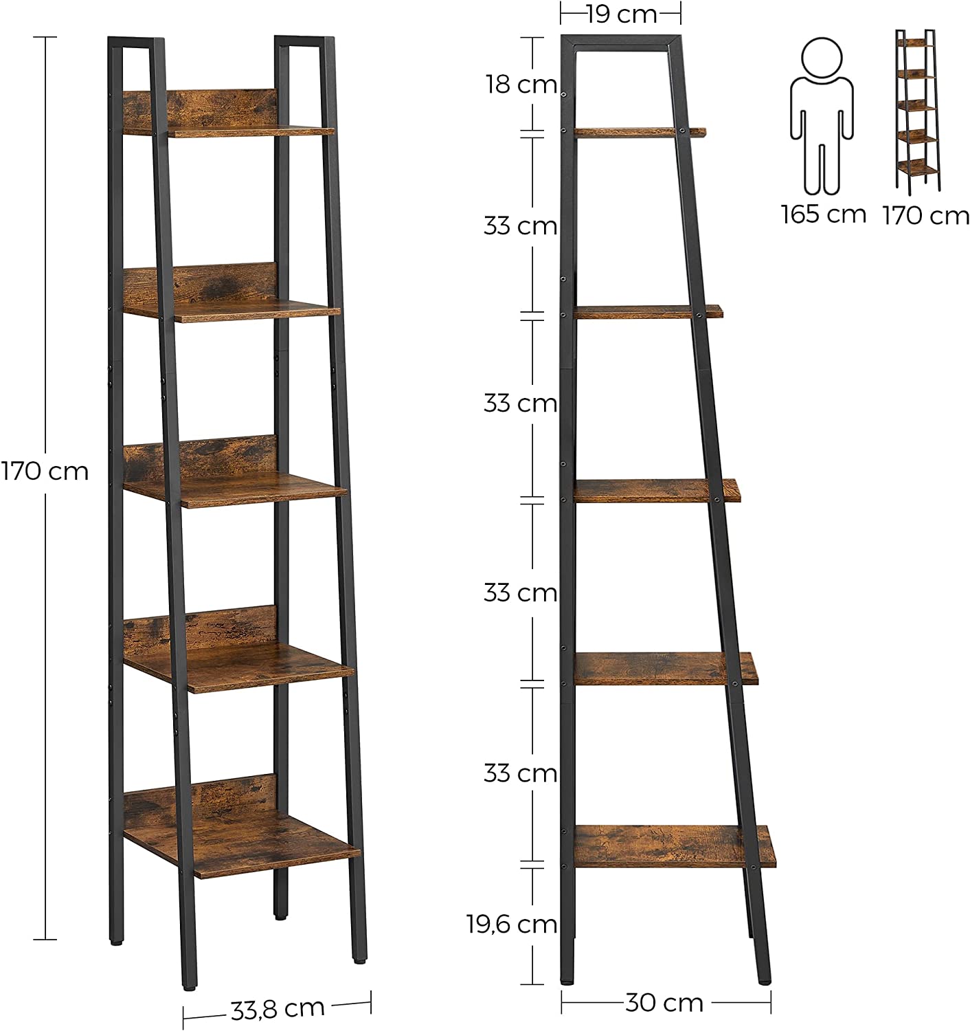 Stigereol med 5 hylder, smalt design, rustik brun/sort, 34x30x170 cm