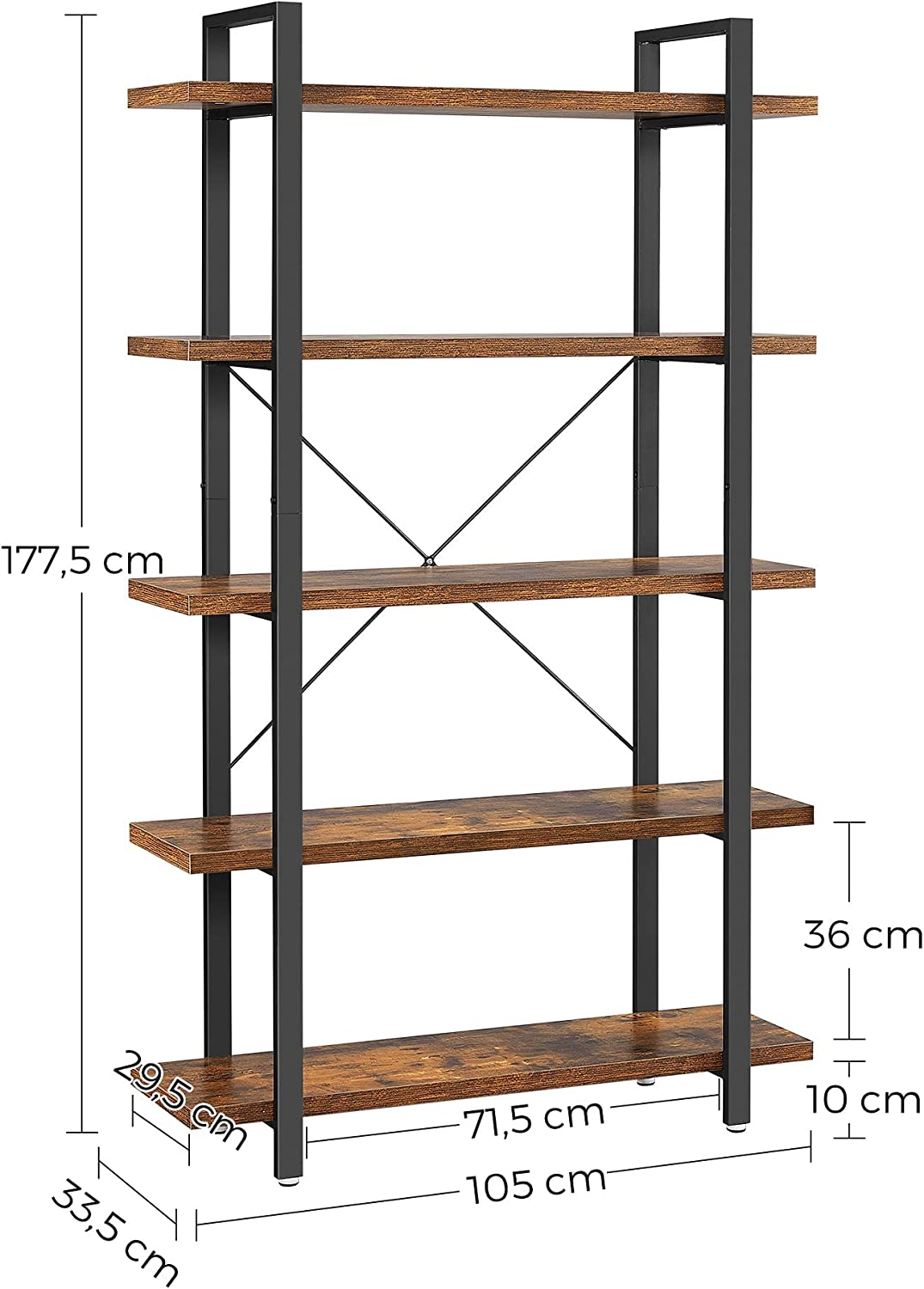 Bogreol med 5 hylder, industriel reol, 105x33x177 cm, brun og sort