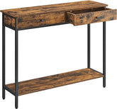 Konsolbord, entrebord, sidebord, sofabord med 2 skuffer, stålstel, entre, stue, industrielt design, vintage brun/sort