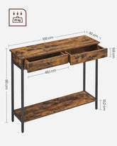 Konsolbord, entrebord, sidebord, sofabord med 2 skuffer, stålstel, entre, stue, industrielt design, vintage brun/sort