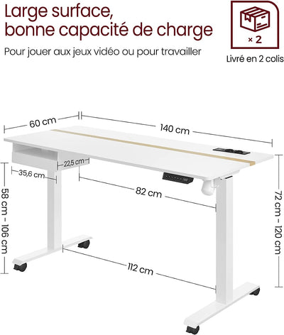Elektrisk justerbart skrivebord med stik og skuffe, 60x140 cm, hvid