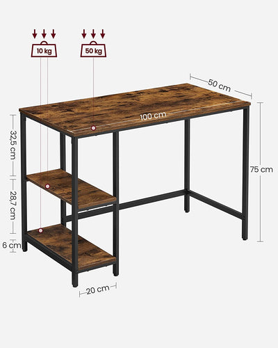 Skrivebord med 2 hylder på højre eller venstre side, Vintage Brun/Sort