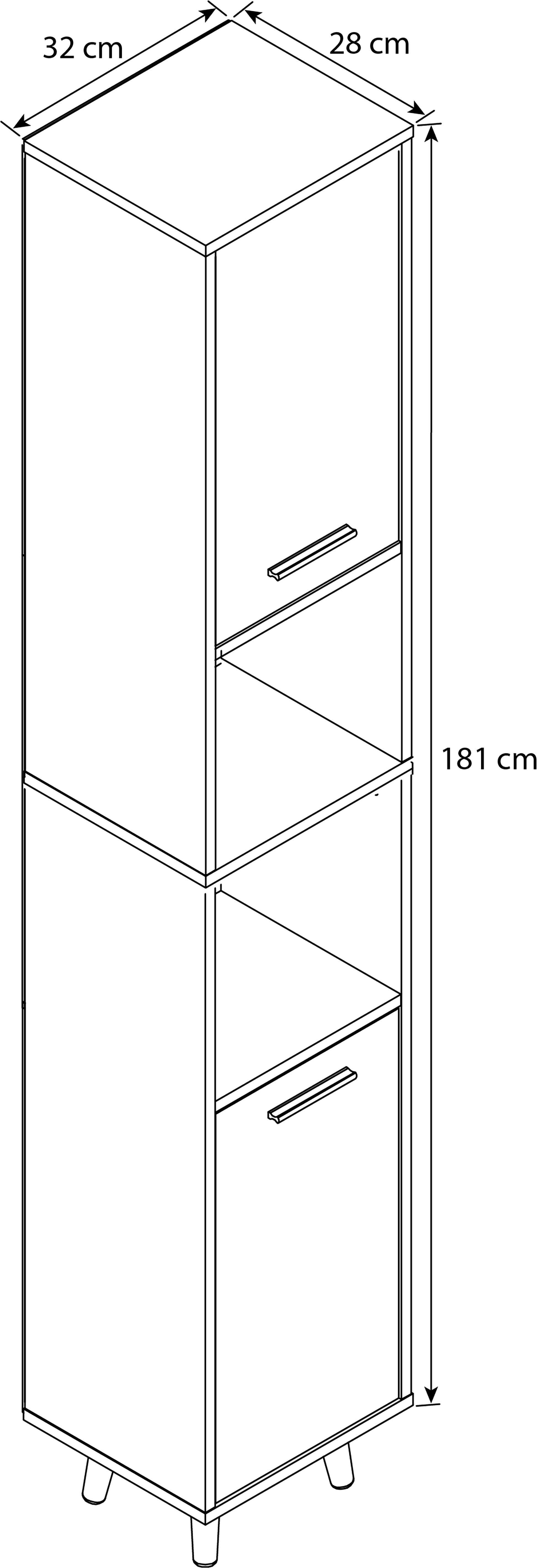 Højt, smalt skab til badeværelset, h. 181 x b. 32 x d. 28 cm, hvid