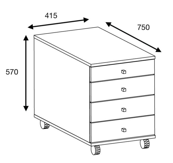Arkivmøbel, kommode med hjul og 4 skuffer til kontoret, H. 57 x B. 42 x T. 80 cm, grå