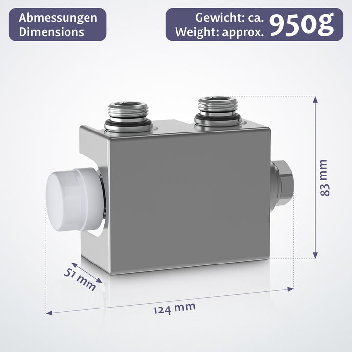 Aquamarin® Multiblock - 1/2 tomme, manuel, lodret/vandret montering, hjørne/gennemgående, M 30x1,5, kromfarvet