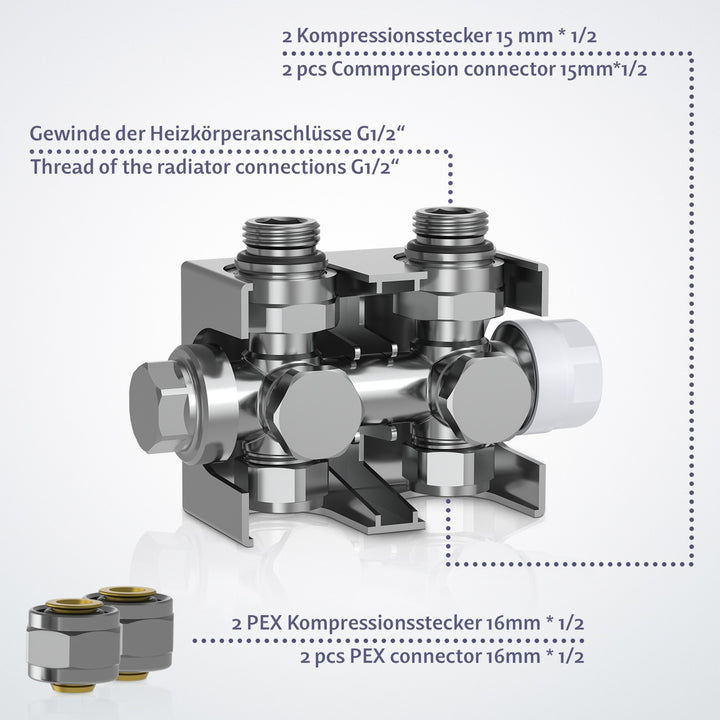 Aquamarin® Multiblock - 1/2 tomme, manuel, lodret/vandret montering, hjørne/gennemgående, M 30x1,5, kromfarvet
