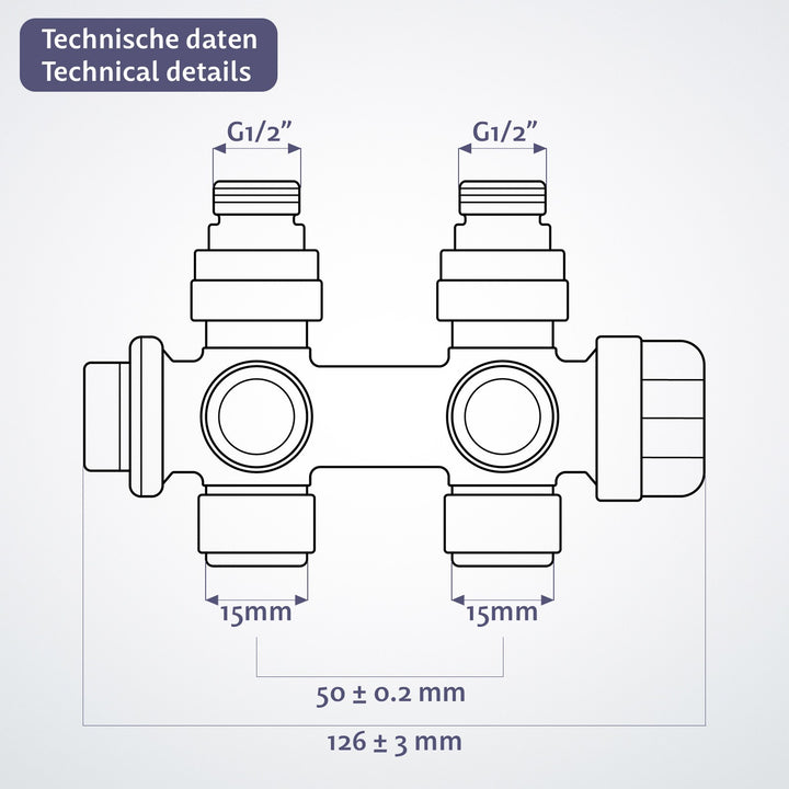 Aquamarin® Multiblock - 1/2 tomme, manuel, lodret/vandret montering, hjørne/gennemgående, M 30x1,5, kromfarvet