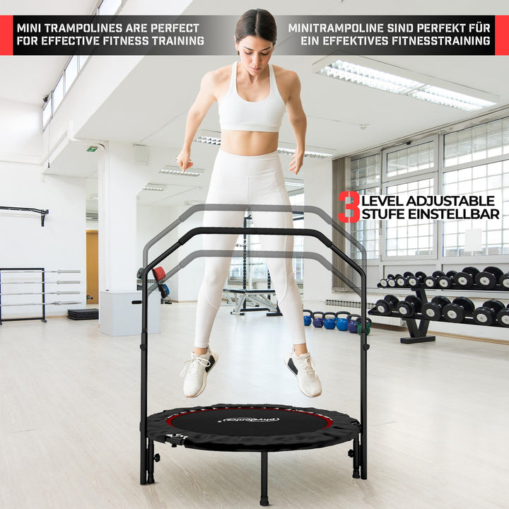 Fitness Trampolin - 101 cm, højdejusterbart håndtag, op til 150 kg, foldbar, sort/rød