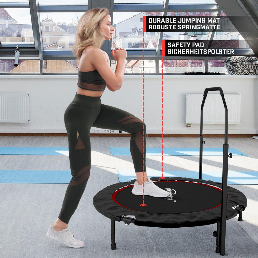 Fitness Trampolin - 101 cm, højdejusterbart håndtag, op til 150 kg, foldbar, sort/rød