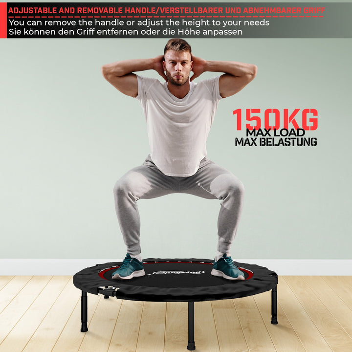 Fitness Trampolin - 101 cm, højdejusterbart håndtag, op til 150 kg, foldbar, sort/rød
